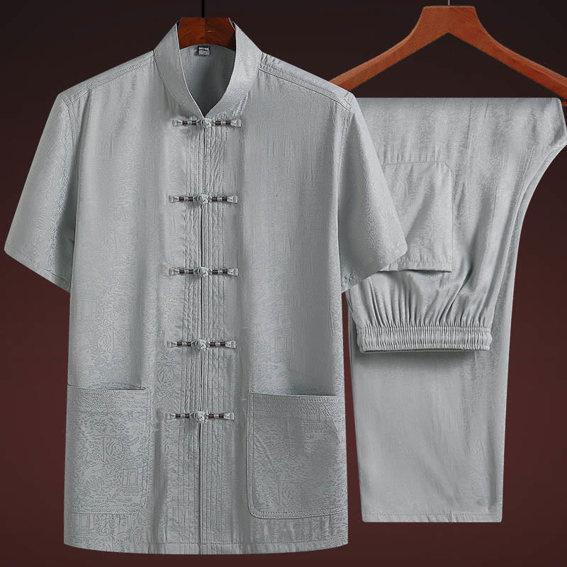 Buddha Stones Along the River During the Qingming Festival Pattern Traditional Tang Suit Short Sleeve Shirt Pants Clothing Men's Set - Gray(Top&Pants) - US/UK/AU44，EU54 (4XL) - image 0