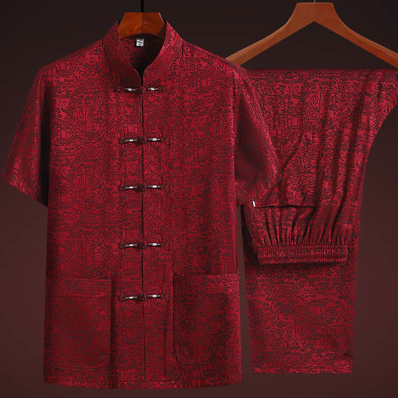 Buddha Stones Along the River During the Qingming Festival Pattern Traditional Tang Suit Short Sleeve Shirt Pants Clothing Men's Set - Red(Top&Pants) - US/UK/AU44，EU54 (4XL) - image 10