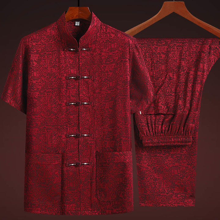 Buddha Stones Along the River During the Qingming Festival Pattern Traditional Tang Suit Short Sleeve Shirt Pants Clothing Men's Set - Red(Top&Pants) - US/UK/AU44，EU54 (4XL) - image 10