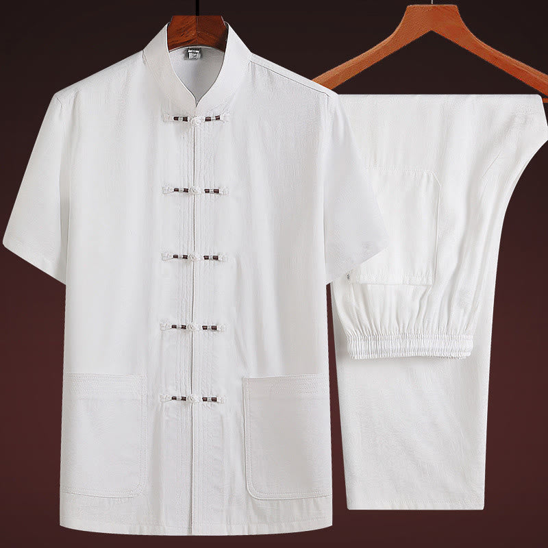 Buddha Stones Along the River During the Qingming Festival Pattern Traditional Tang Suit Short Sleeve Shirt Pants Clothing Men's Set - White(Top&Pants) - US/UK/AU44，EU54 (4XL) - image 13