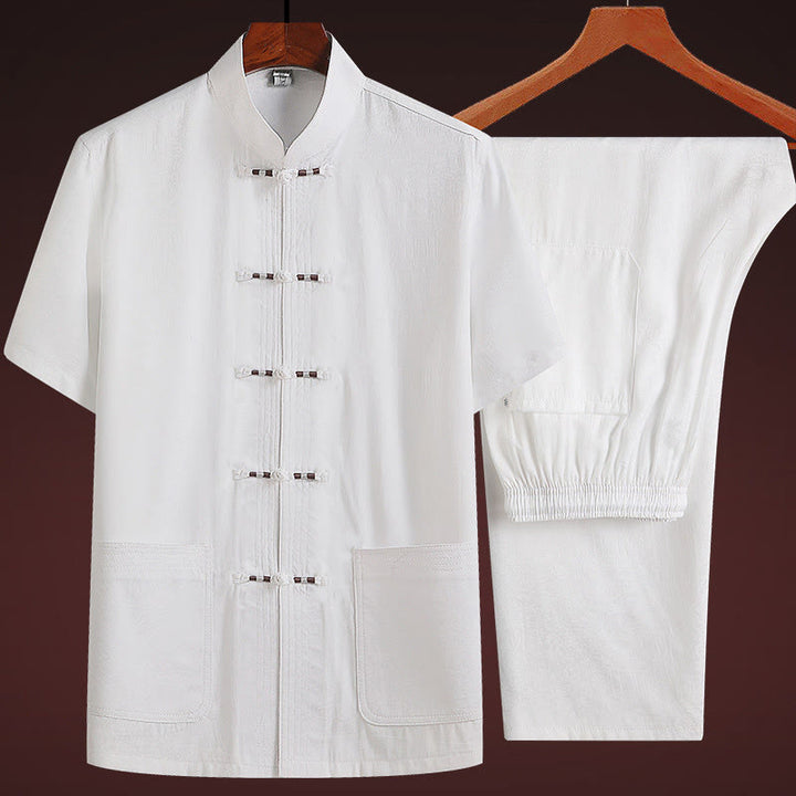 Buddha Stones Along the River During the Qingming Festival Pattern Traditional Tang Suit Short Sleeve Shirt Pants Clothing Men's Set - White(Top&Pants) - US/UK/AU44，EU54 (4XL) - image 13