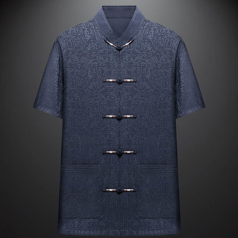 Buddha Stones Along the River During the Qingming Festival Pattern Traditional Tang Suit Short Sleeve Shirt Pants Clothing Men's Set - image 3