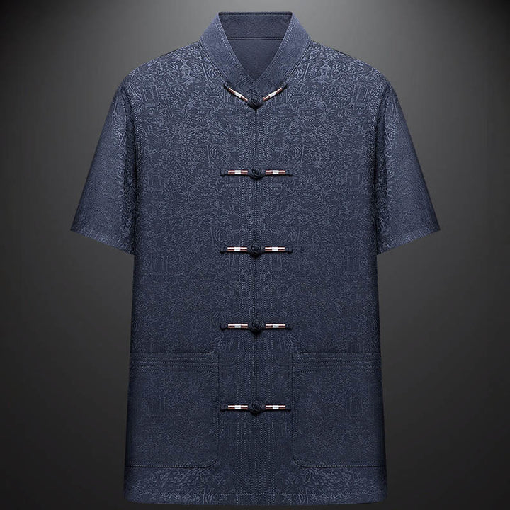 Buddha Stones Along the River During the Qingming Festival Pattern Traditional Tang Suit Short Sleeve Shirt Pants Clothing Men's Set - image 3