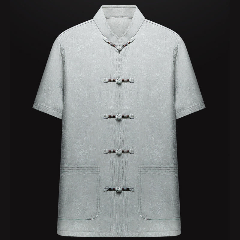 Buddha Stones Along the River During the Qingming Festival Pattern Traditional Tang Suit Short Sleeve Shirt Pants Clothing Men's Set - image 1