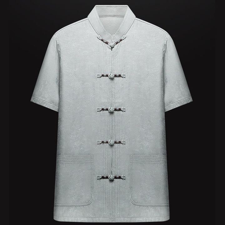 Buddha Stones Along the River During the Qingming Festival Pattern Traditional Tang Suit Short Sleeve Shirt Pants Clothing Men's Set - image 1