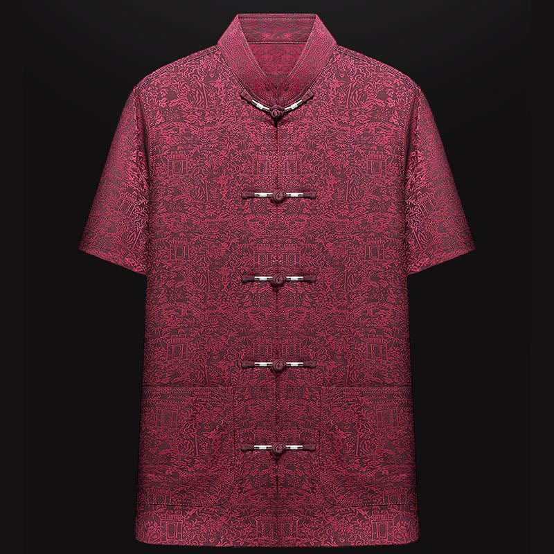 Buddha Stones Along the River During the Qingming Festival Pattern Traditional Tang Suit Short Sleeve Shirt Pants Clothing Men's Set - image 11