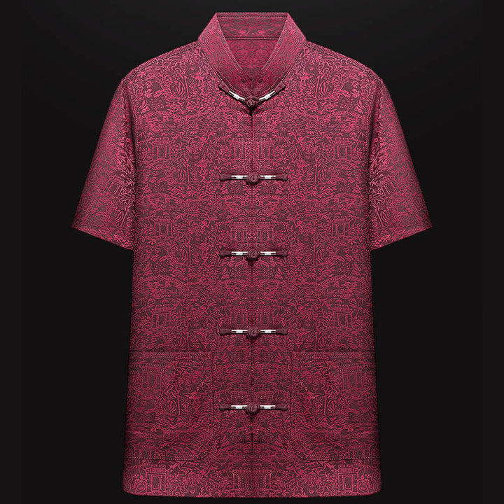 Buddha Stones Along the River During the Qingming Festival Pattern Traditional Tang Suit Short Sleeve Shirt Pants Clothing Men's Set - image 11