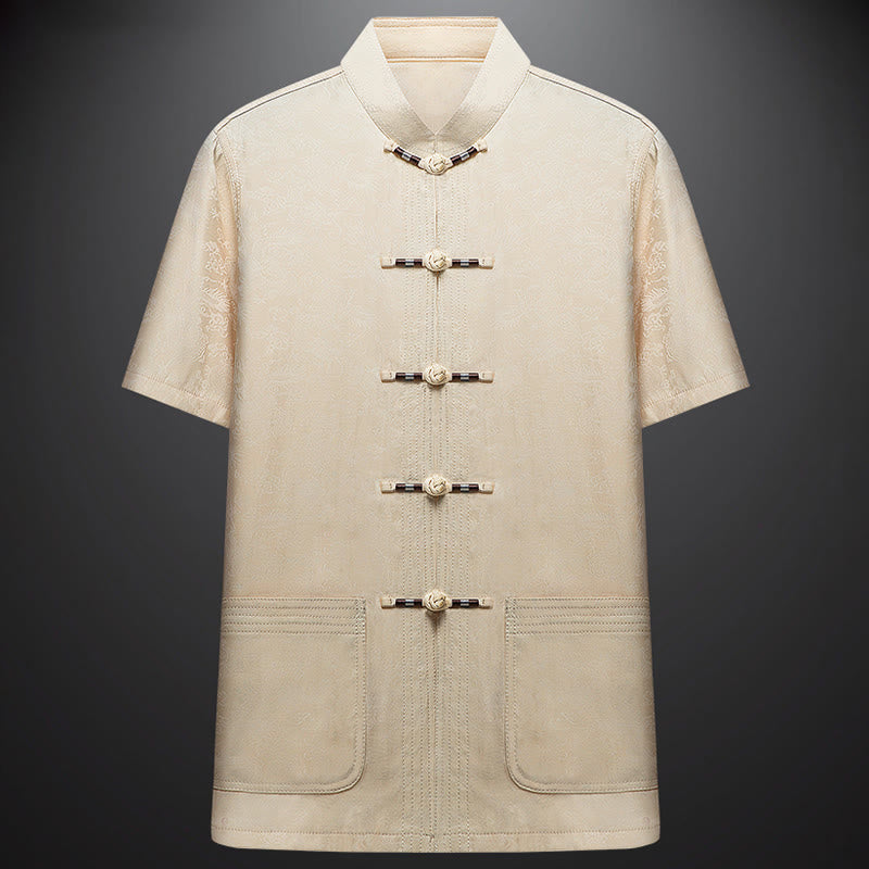 Buddha Stones Along the River During the Qingming Festival Pattern Traditional Tang Suit Short Sleeve Shirt Pants Clothing Men's Set - image 6