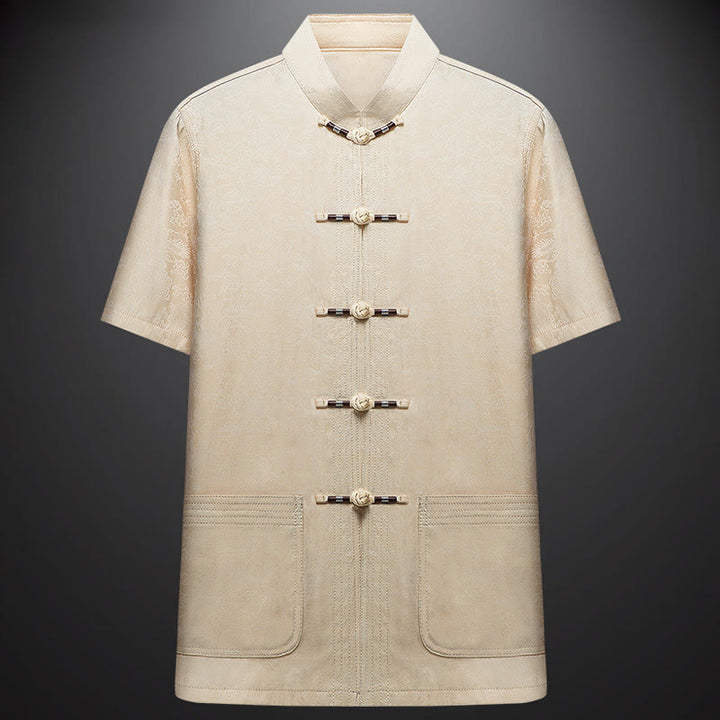 Buddha Stones Along the River During the Qingming Festival Pattern Traditional Tang Suit Short Sleeve Shirt Pants Clothing Men's Set - image 6