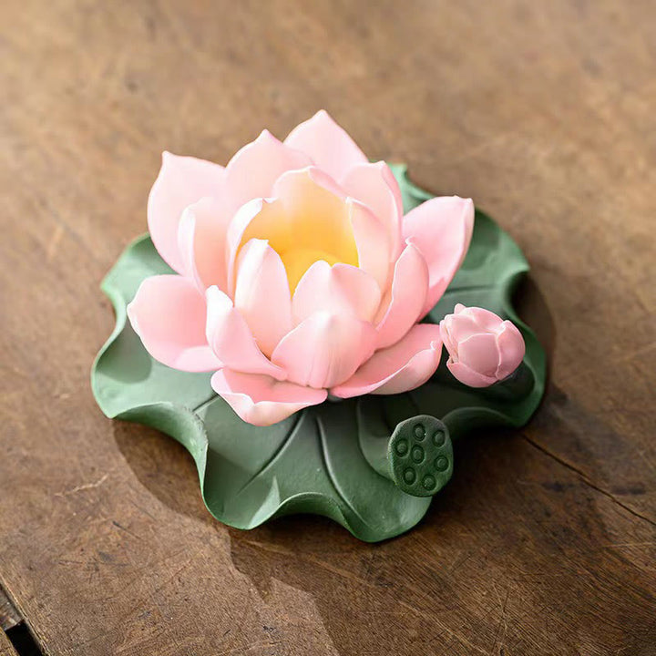Buddha Stones Lotus Flower Leaf Pod Spiritual Healing Ceramic Stick Incense Burner Decoration - Lotus Pink 10.5*4.7cm - image 6