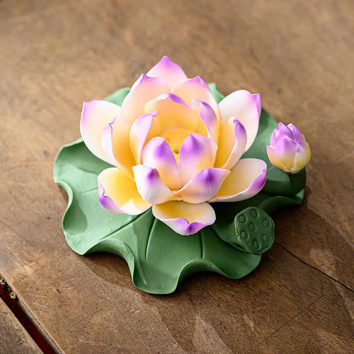 Buddha Stones Lotus Flower Leaf Pod Spiritual Healing Ceramic Stick Incense Burner Decoration - Lotus Purple Edge 10.5*4.7cm - image 9