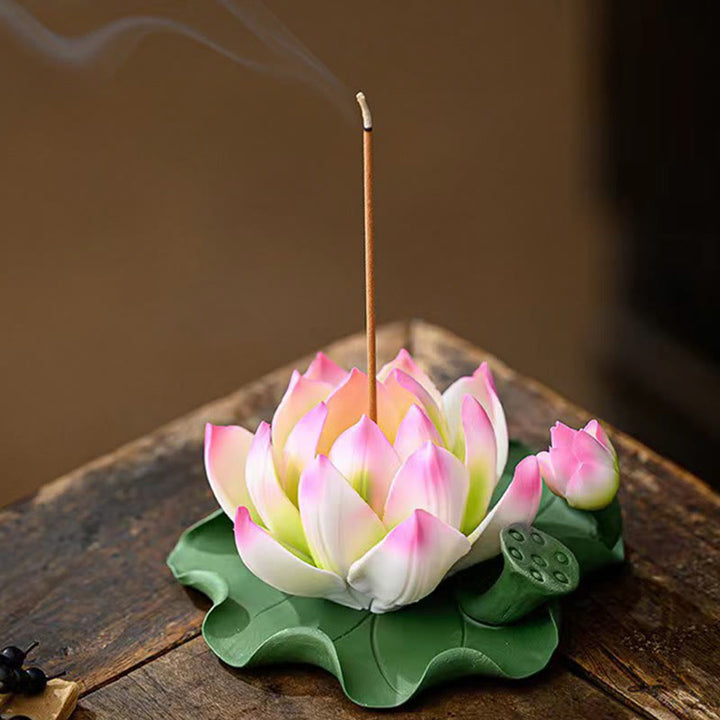 Buddha Stones Lotus Flower Leaf Pod Spiritual Healing Ceramic Stick Incense Burner Decoration - image 3