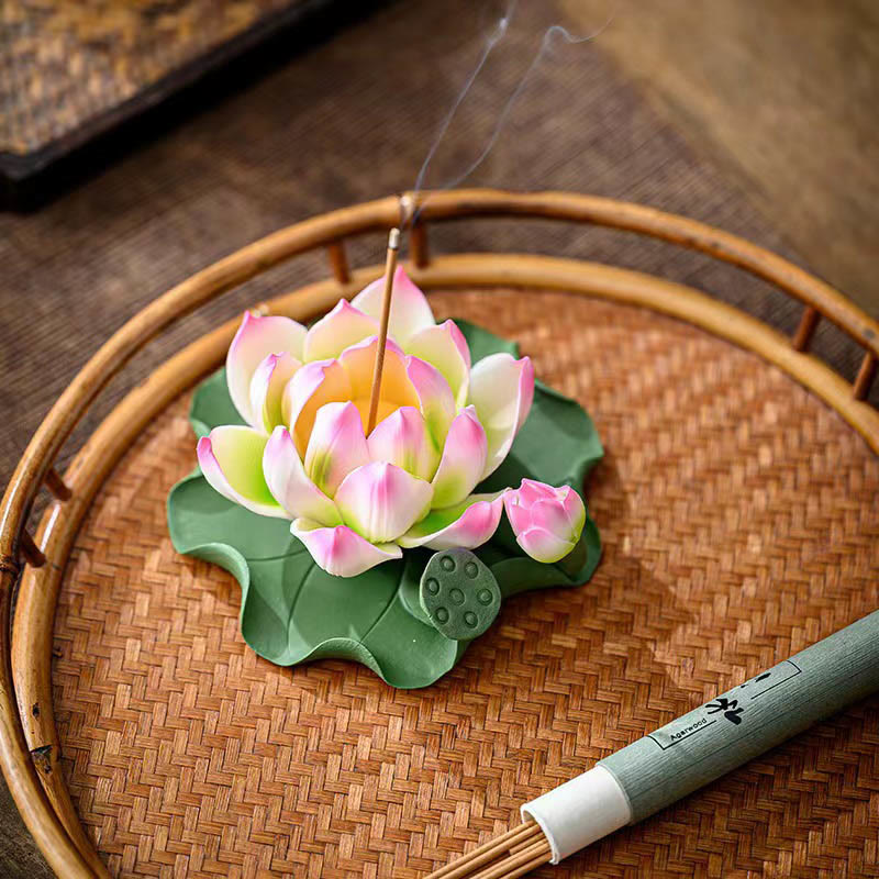 Buddha Stones Lotus Flower Leaf Pod Spiritual Healing Ceramic Stick Incense Burner Decoration - image 5