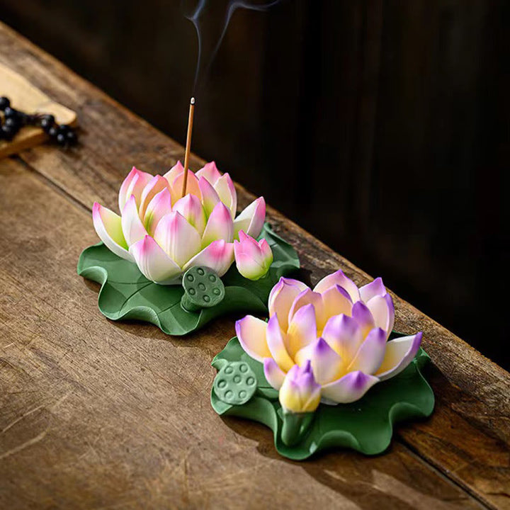 Buddha Stones Lotus Flower Leaf Pod Spiritual Healing Ceramic Stick Incense Burner Decoration - image 10
