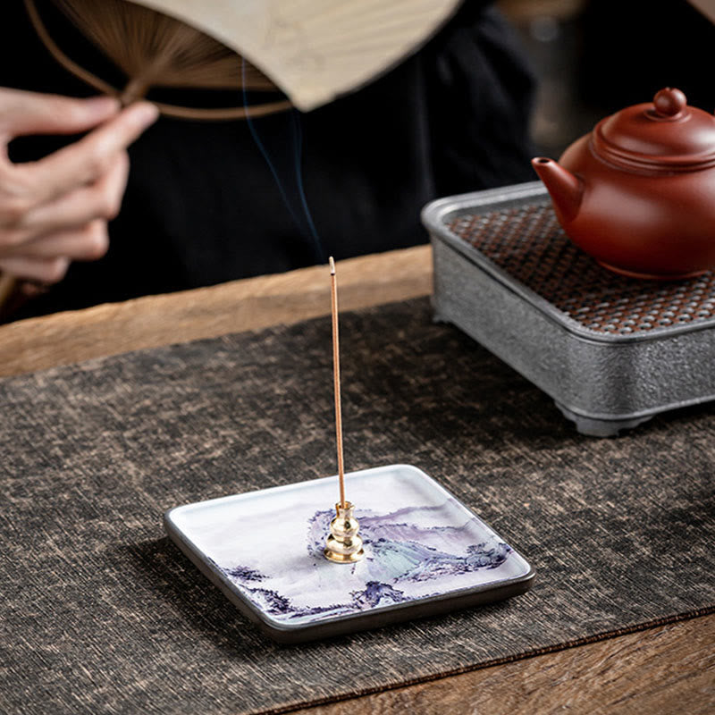 Buddha Stones Mountain Lake Flower Leaf Healing Ceramic Plate Tray Stick Incense Burner Decoration - Purple Mountain 10.2*10.2*1.2cm - image 0
