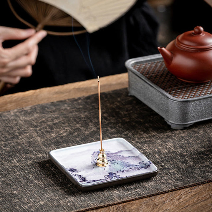 Buddha Stones Mountain Lake Flower Leaf Healing Ceramic Plate Tray Stick Incense Burner Decoration - Purple Mountain 10.2*10.2*1.2cm - image 0