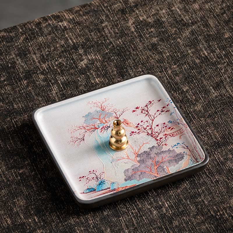 Buddha Stones Mountain Lake Flower Leaf Healing Ceramic Plate Tray Stick Incense Burner Decoration - Red Leaves 10.2*10.2*1.2cm - image 14