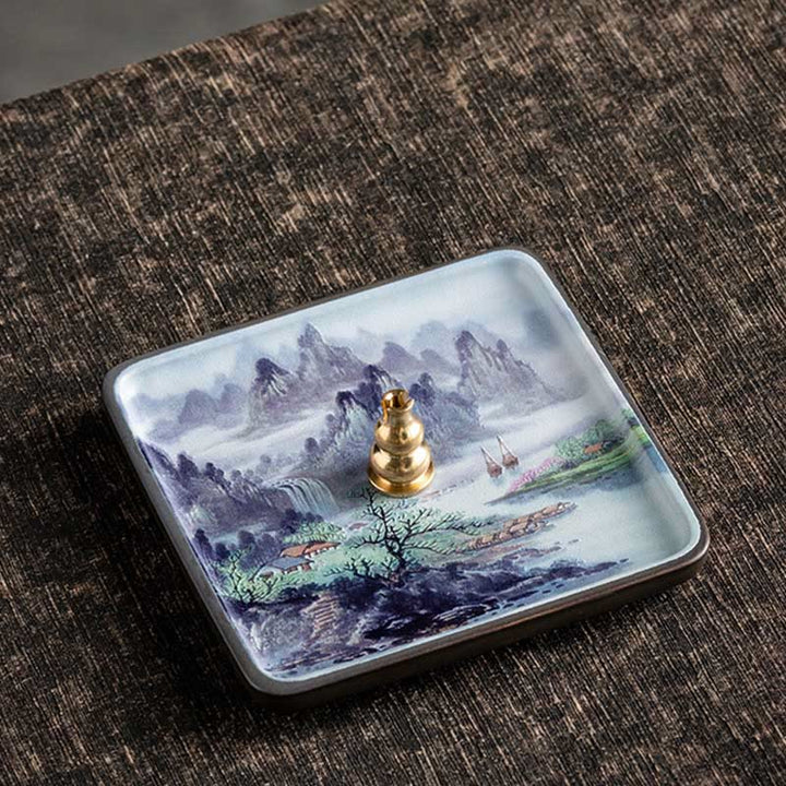 Buddha Stones Mountain Lake Flower Leaf Healing Ceramic Plate Tray Stick Incense Burner Decoration - Mountain Lake 10.2*10.2*1.2cm - image 12