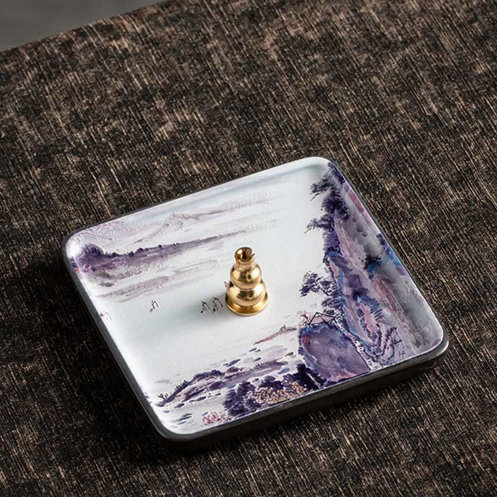 Buddha Stones Mountain Lake Flower Leaf Healing Ceramic Plate Tray Stick Incense Burner Decoration - Mountain 10.2*10.2*1.2cm - image 15