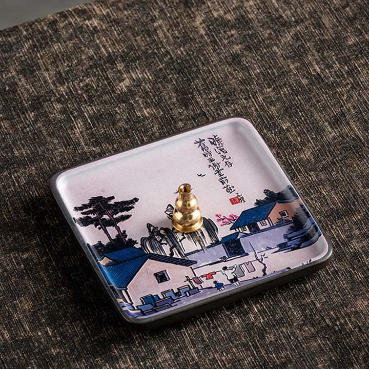 Buddha Stones Mountain Lake Flower Leaf Healing Ceramic Plate Tray Stick Incense Burner Decoration - House Tree 10.2*10.2*1.2cm - image 19