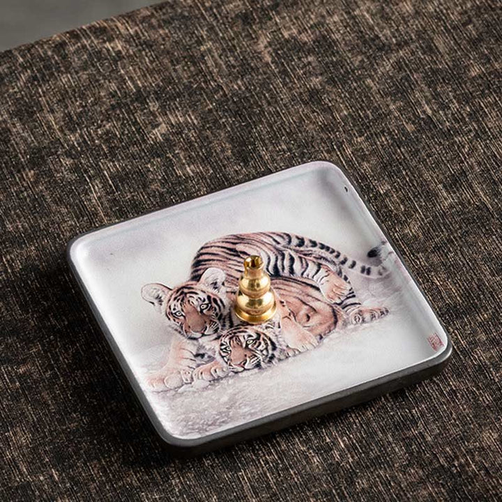 Buddha Stones Mountain Lake Flower Leaf Healing Ceramic Plate Tray Stick Incense Burner Decoration - Tiger 10.2*10.2*1.2cm - image 22