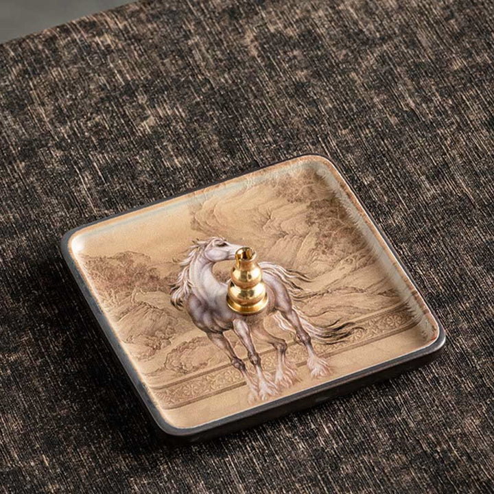 Buddha Stones Mountain Lake Flower Leaf Healing Ceramic Plate Tray Stick Incense Burner Decoration - Horse 10.2*10.2*1.2cm - image 20