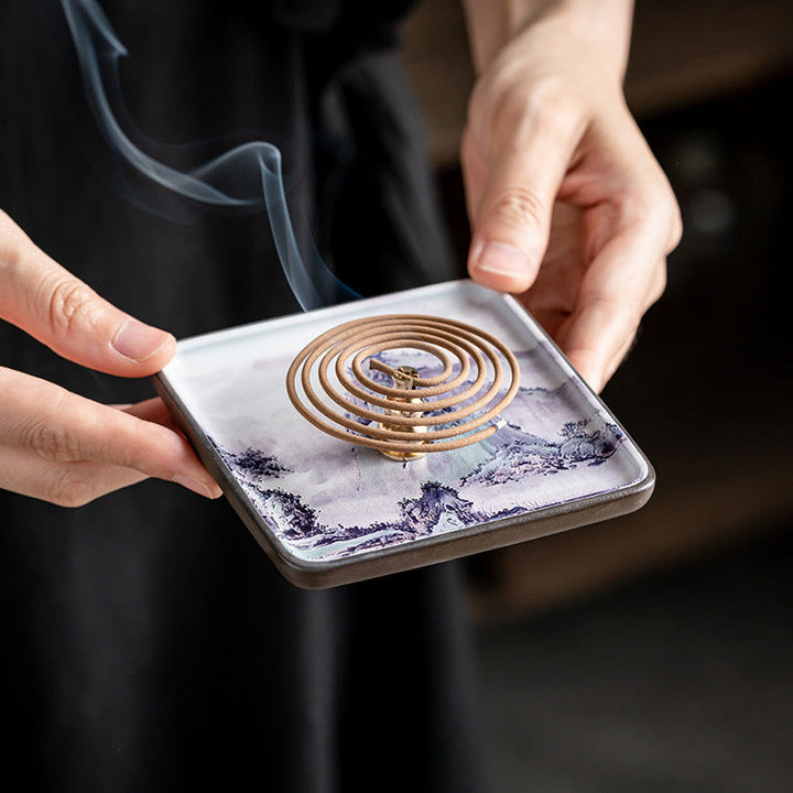 Buddha Stones Mountain Lake Flower Leaf Healing Ceramic Plate Tray Stick Incense Burner Decoration - image 6