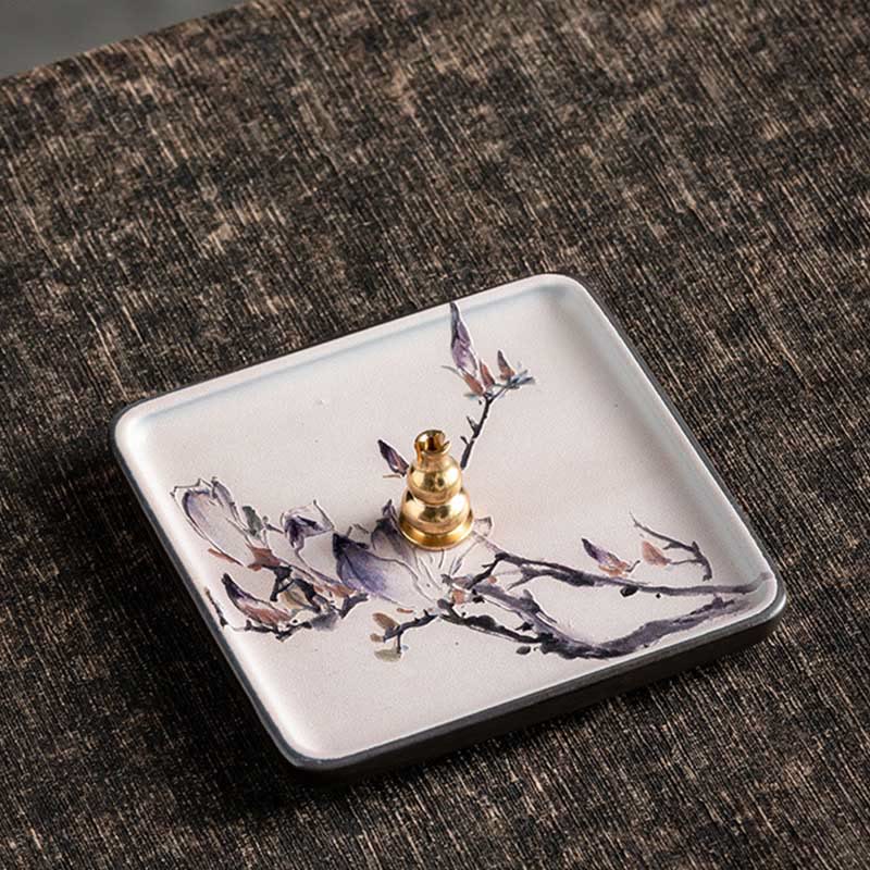 Buddha Stones Mountain Lake Flower Leaf Healing Ceramic Plate Tray Stick Incense Burner Decoration - Purple Flower 10.2*10.2*1.2cm - image 25