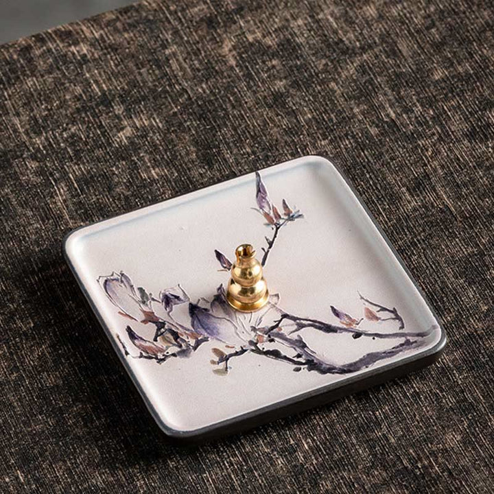 Buddha Stones Mountain Lake Flower Leaf Healing Ceramic Plate Tray Stick Incense Burner Decoration - Purple Flower 10.2*10.2*1.2cm - image 25