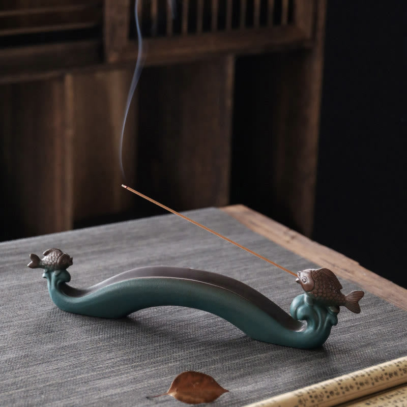 Buddha Stones Double Koi Fish Mountain Healing Ceramic Stick Incense Burner Decoration - Double Koi Fish 29.8*4*6.5cm - image 0