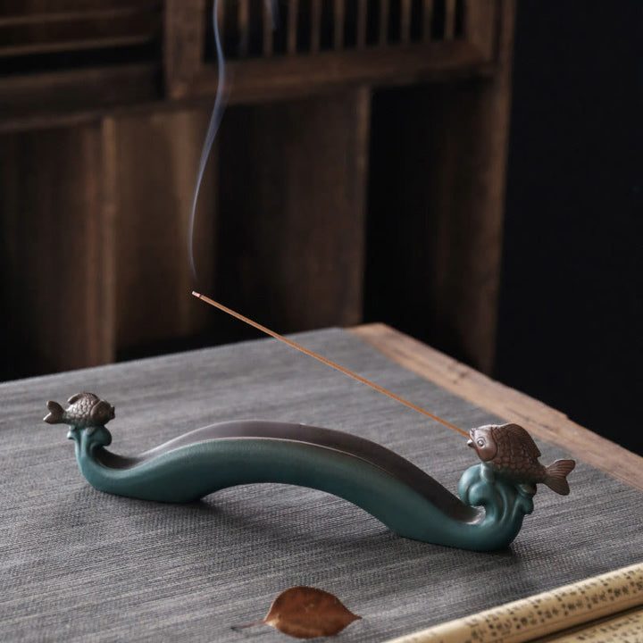 Buddha Stones Double Koi Fish Mountain Healing Ceramic Stick Incense Burner Decoration - Double Koi Fish 29.8*4*6.5cm - image 0