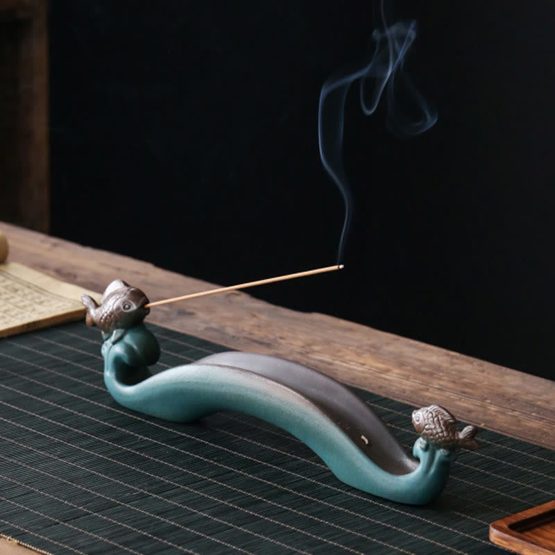 Buddha Stones Double Koi Fish Mountain Healing Ceramic Stick Incense Burner Decoration - image 1