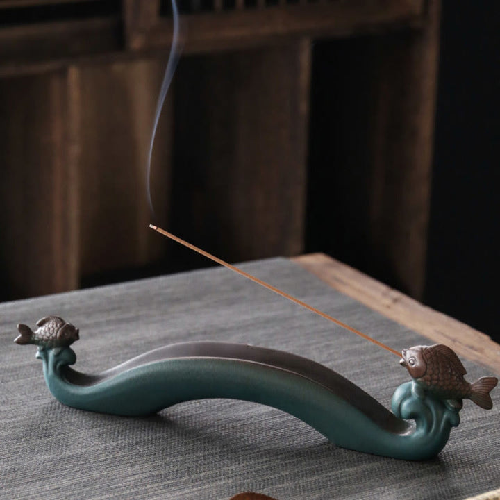 Buddha Stones Double Koi Fish Mountain Healing Ceramic Stick Incense Burner Decoration - image 4