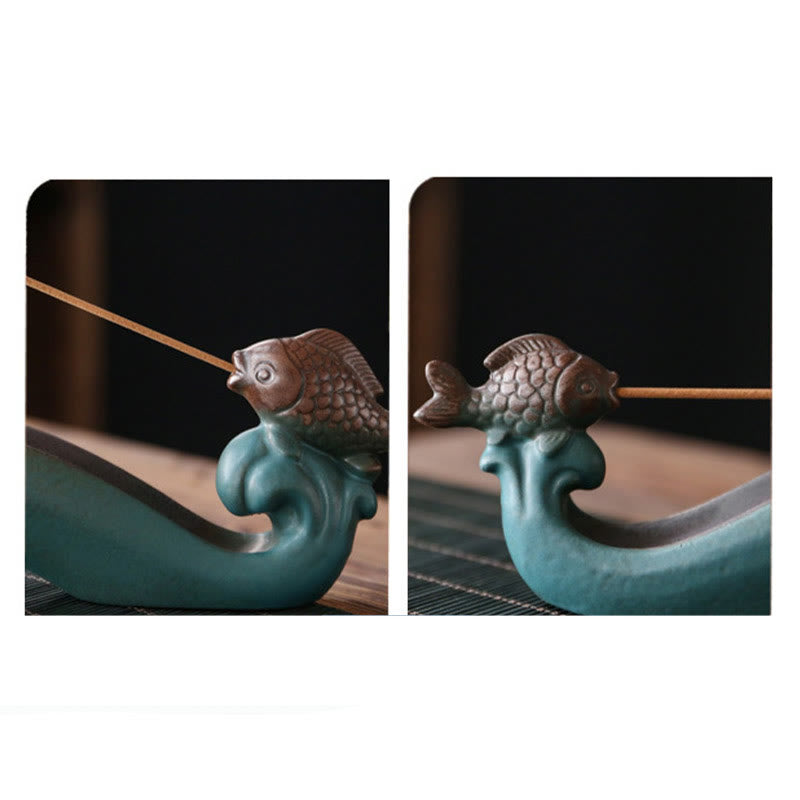Buddha Stones Double Koi Fish Mountain Healing Ceramic Stick Incense Burner Decoration - image 5