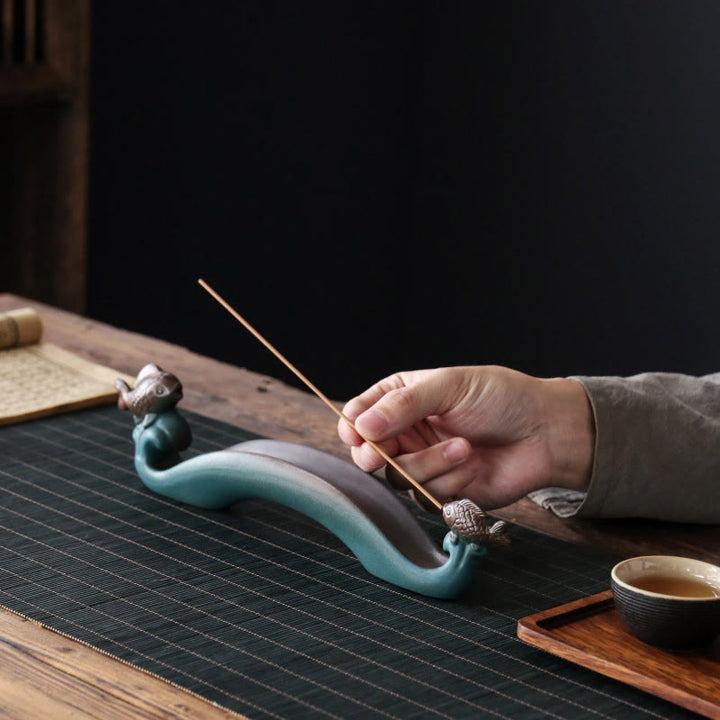 Buddha Stones Double Koi Fish Mountain Healing Ceramic Stick Incense Burner Decoration - image 2