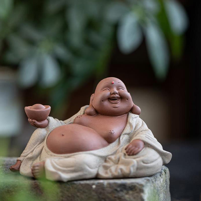 Buddha Stones Laughing Buddha Ingots Attract Wealth Purple Clay Maitreya Statue Decoration - image 1