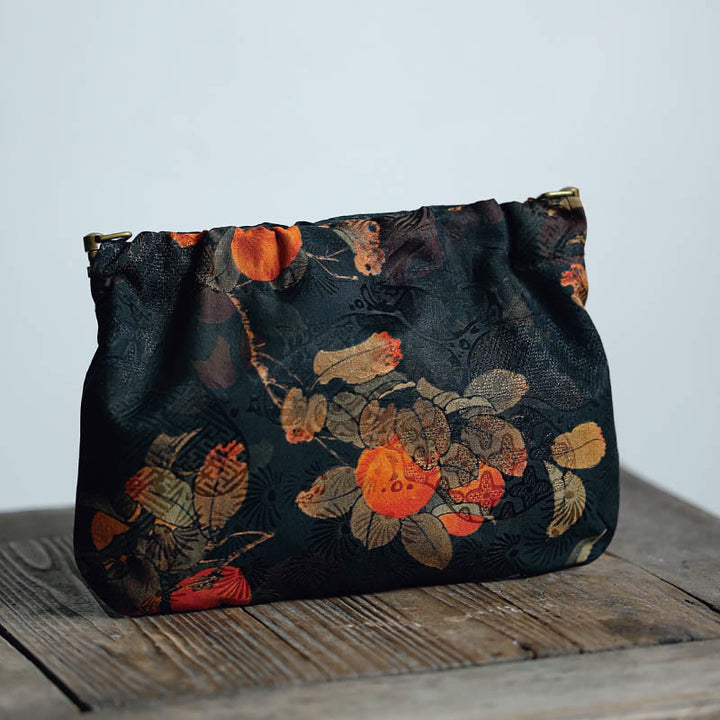 Buddha Stones Yellow Green Flower Black Persimmon Metal Chain Crossbody Bag Shoulder Bag Handbag - Black Persimmon 16*22*4cm - image 5