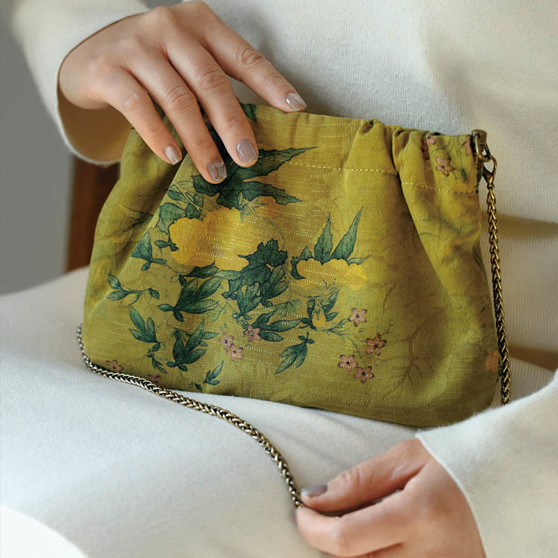 Buddha Stones Yellow Green Flower Black Persimmon Metal Chain Crossbody Bag Shoulder Bag Handbag - image 1
