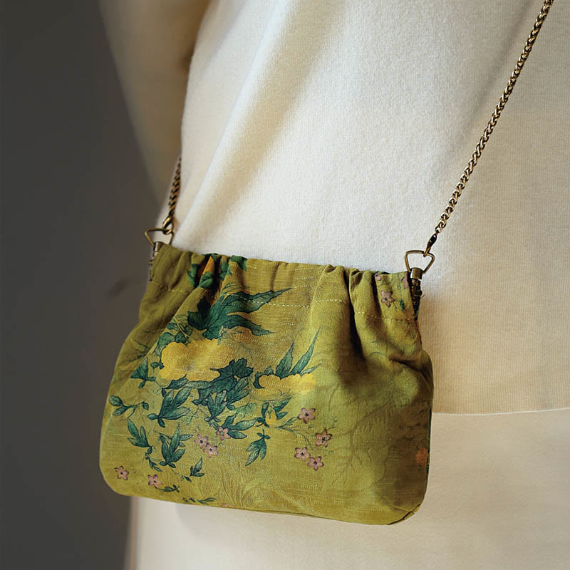 Buddha Stones Yellow Green Flower Black Persimmon Metal Chain Crossbody Bag Shoulder Bag Handbag - image 3