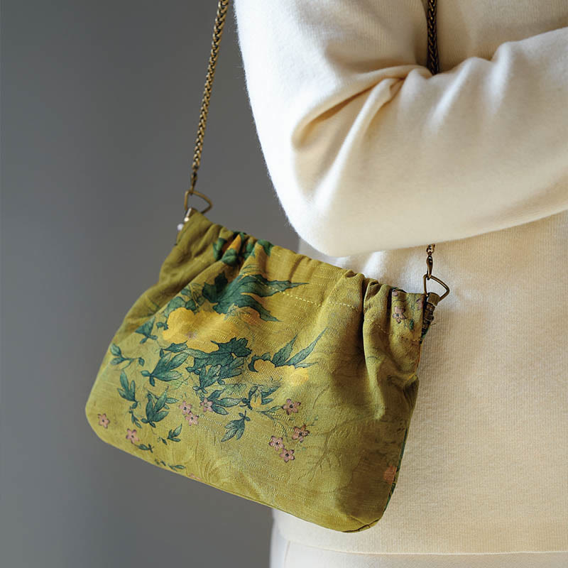 Buddha Stones Yellow Green Flower Black Persimmon Metal Chain Crossbody Bag Shoulder Bag Handbag - Yellow Green Flower 16*22*4cm - image 0