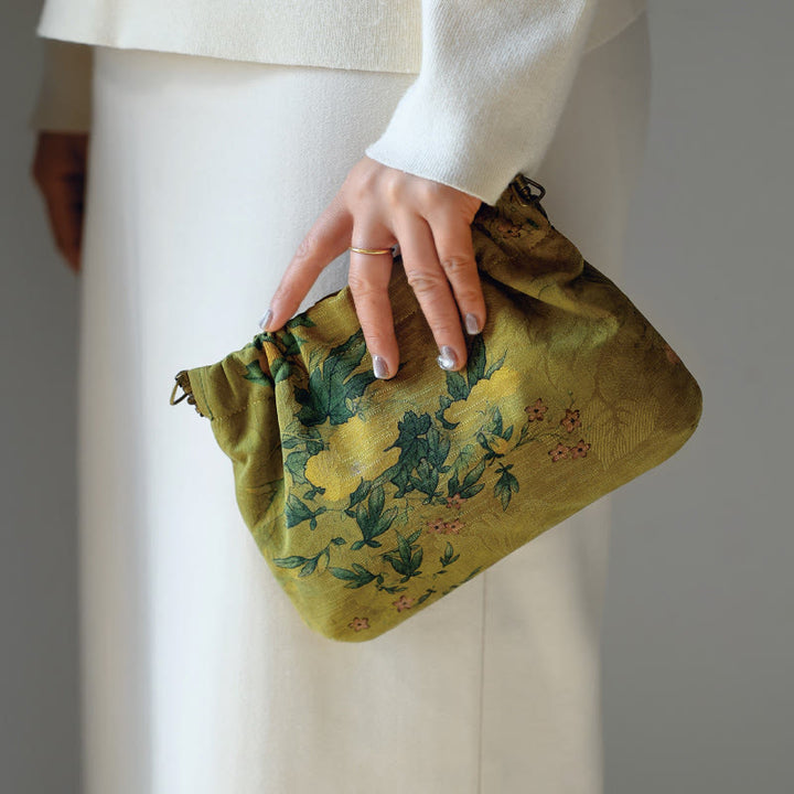 Buddha Stones Yellow Green Flower Black Persimmon Metal Chain Crossbody Bag Shoulder Bag Handbag - image 4