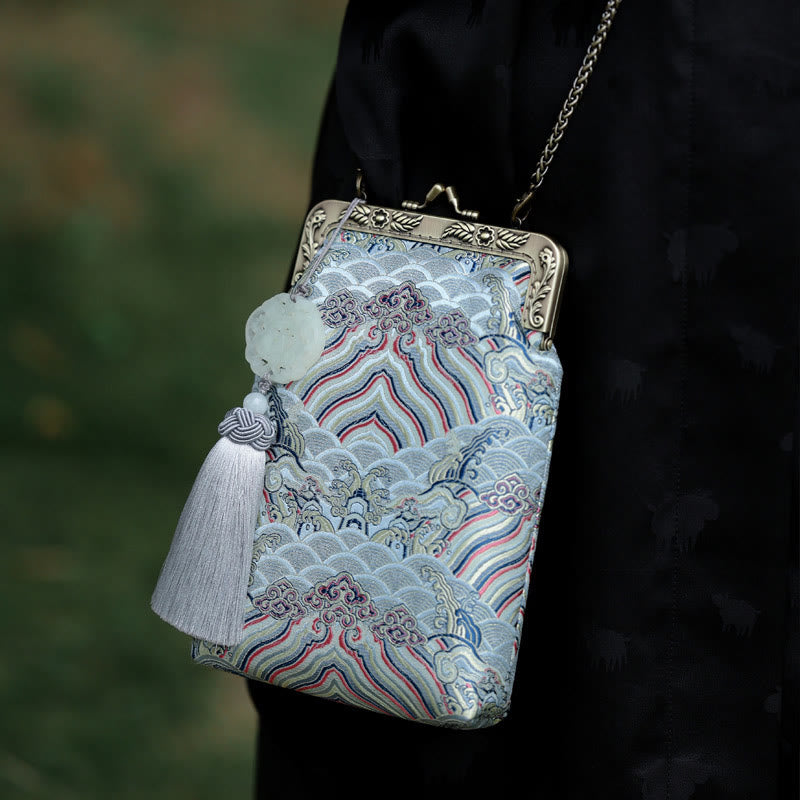 Buddha Stones Small Blue Ocean Waves Metal Chain Crossbody Bag Shoulder Bag Cellphone Bag - Ocean Waves 13*19*3cm - image 0