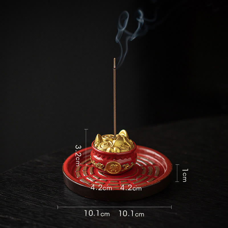 Buddha Stones Small Treasure Bowl Lucky Bag Bagua Tray Healing Ceramic Stick Incense Burner Decoration - Red Treasure Bowl+Bagua Tray 10.1*10.1*3.2cm - image 12