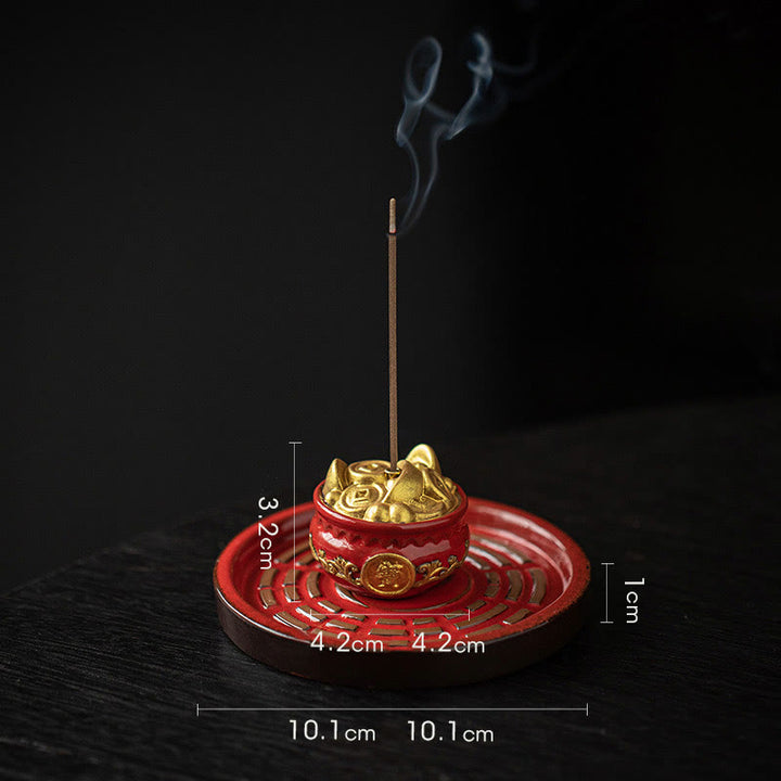 Buddha Stones Small Treasure Bowl Lucky Bag Bagua Tray Healing Ceramic Stick Incense Burner Decoration - Red Treasure Bowl+Bagua Tray 10.1*10.1*3.2cm - image 12