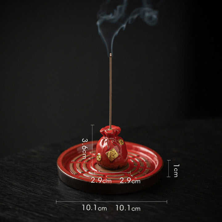 Buddha Stones Small Treasure Bowl Lucky Bag Bagua Tray Healing Ceramic Stick Incense Burner Decoration - Red Lucky Bag+Bagua Tray 10.1*10.1*3.6cm - image 19