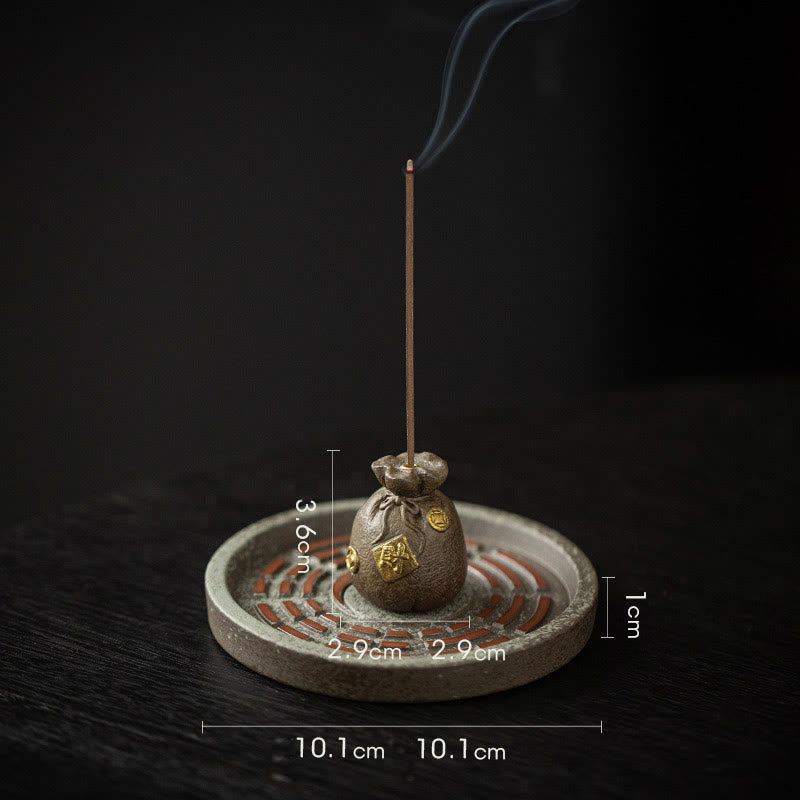 Buddha Stones Small Treasure Bowl Lucky Bag Bagua Tray Healing Ceramic Stick Incense Burner Decoration - Brown Lucky Bag +Bagua Tray 10.1*10.1*3.6cm - image 16
