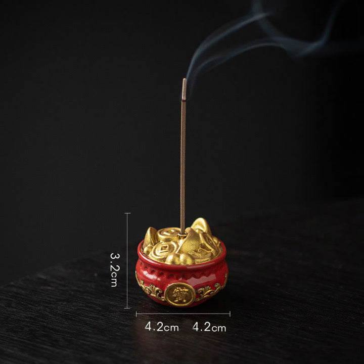 Buddha Stones Small Treasure Bowl Lucky Bag Bagua Tray Healing Ceramic Stick Incense Burner Decoration - Red Treasure Bowl 4.2*4.2*3.2cm - image 24