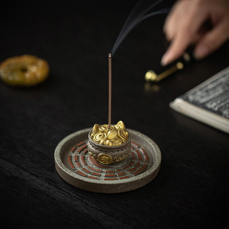 Buddha Stones Small Treasure Bowl Lucky Bag Bagua Tray Healing Ceramic Stick Incense Burner Decoration - Brown Treasure Bowl Bagua Tray 10.1*10.1*3.2cm - image 0
