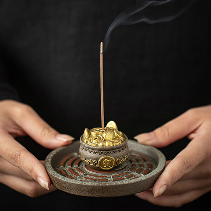 Buddha Stones Small Treasure Bowl Lucky Bag Bagua Tray Healing Ceramic Stick Incense Burner Decoration - image 2