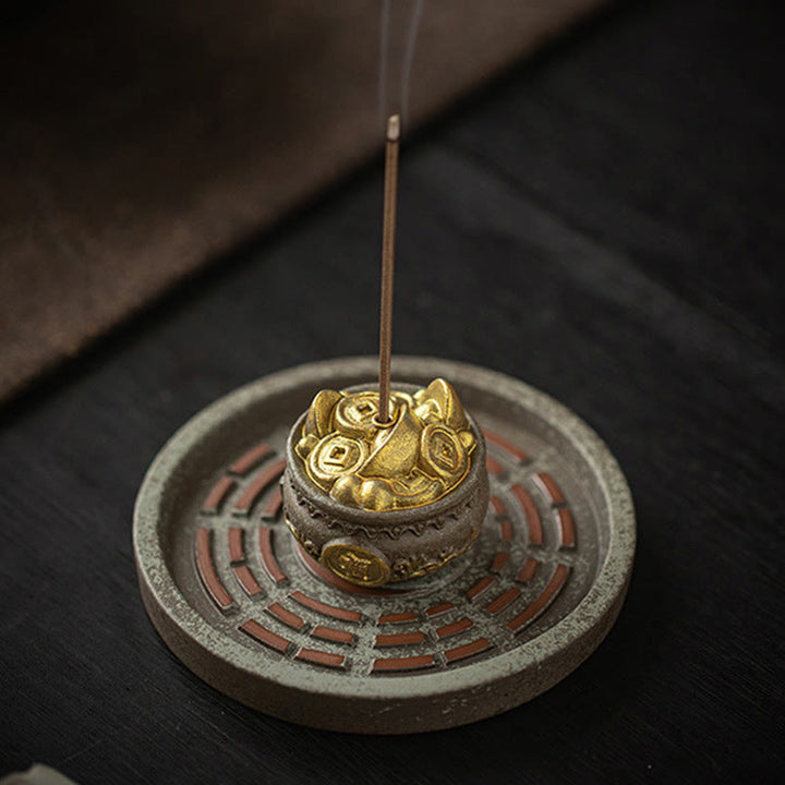 Buddha Stones Small Treasure Bowl Lucky Bag Bagua Tray Healing Ceramic Stick Incense Burner Decoration - image 3
